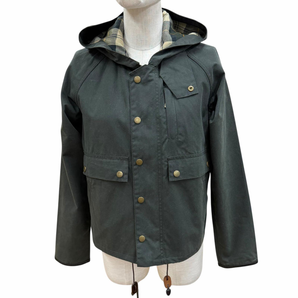 バブアー SPEY WAX JACKET レザー使い ロゴボタン付 オイルド ジャケット ダークグリーン UK8 レディース