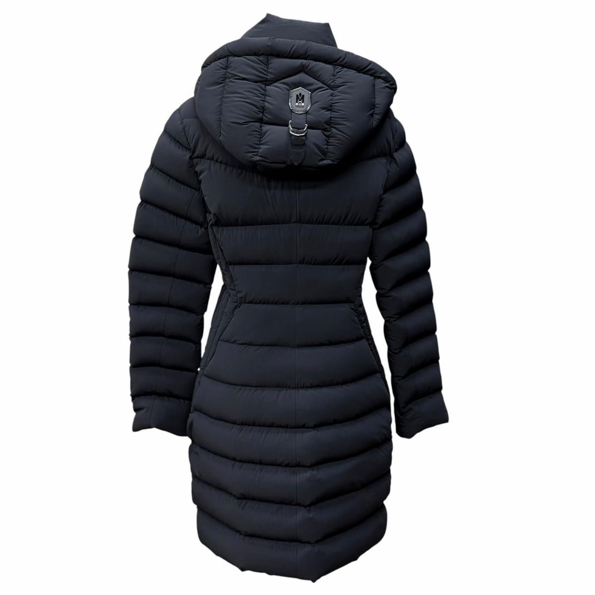 マッカージュ FARREN フード・レザーロゴワッペン付 ZIP UP ダウンコート ブラック M レディース