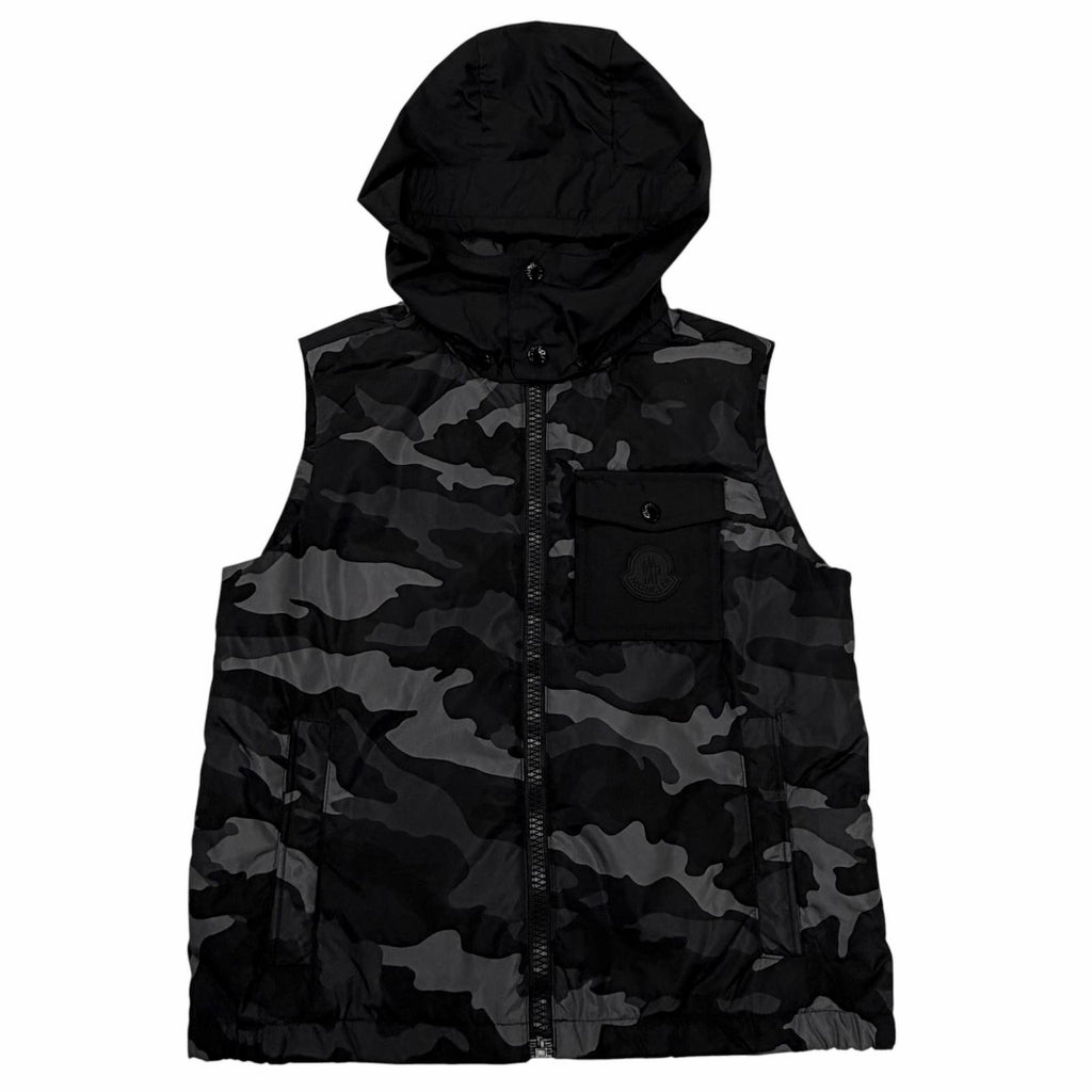 モンクレール DRUMS GILET ロゴワッペン カモフラージュ柄 迷彩柄 ダウンベスト ブラック 8anni 130cm キッズ