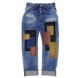 ディースクエアード BIG BROTHER JEAN レザーロゴパッチ付 ペイント パッチワーク デニムパンツ インディゴ 46 メンズ