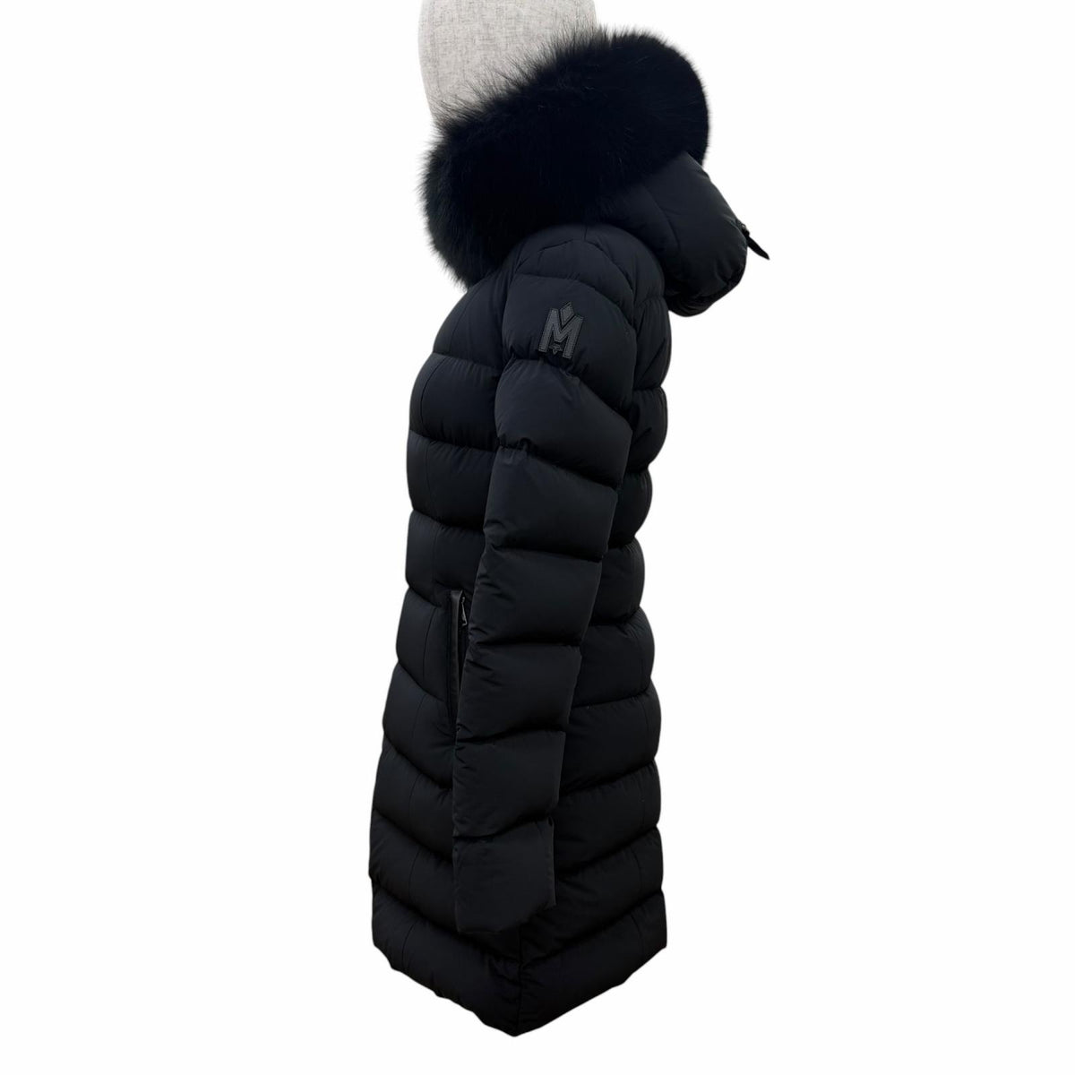マッカージュ ブルーフォックスファー・フード付 レザー使い ZIP UP ダウンコート ブラック S レディース
