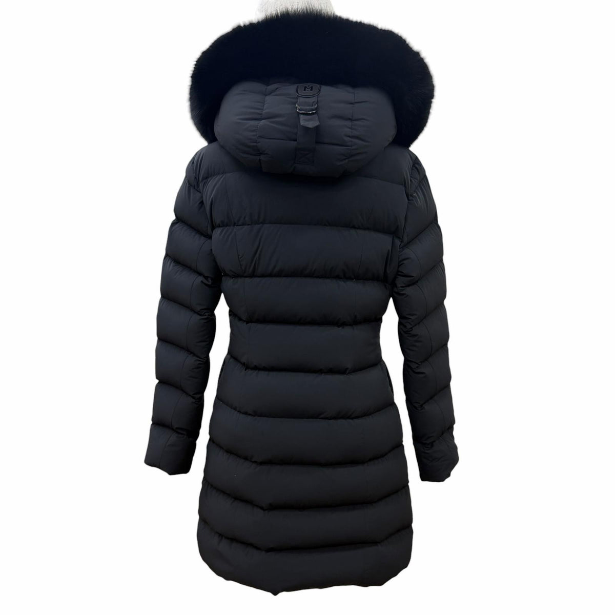 マッカージュ ブルーフォックスファー・フード付 レザー使い ZIP UP ダウンコート ブラック S レディース
