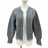 マディソンブルー PEARL DAMAGE CD BRITISH WOOL パール付 ダメージ加工 カーディガン グレー 00 レディース