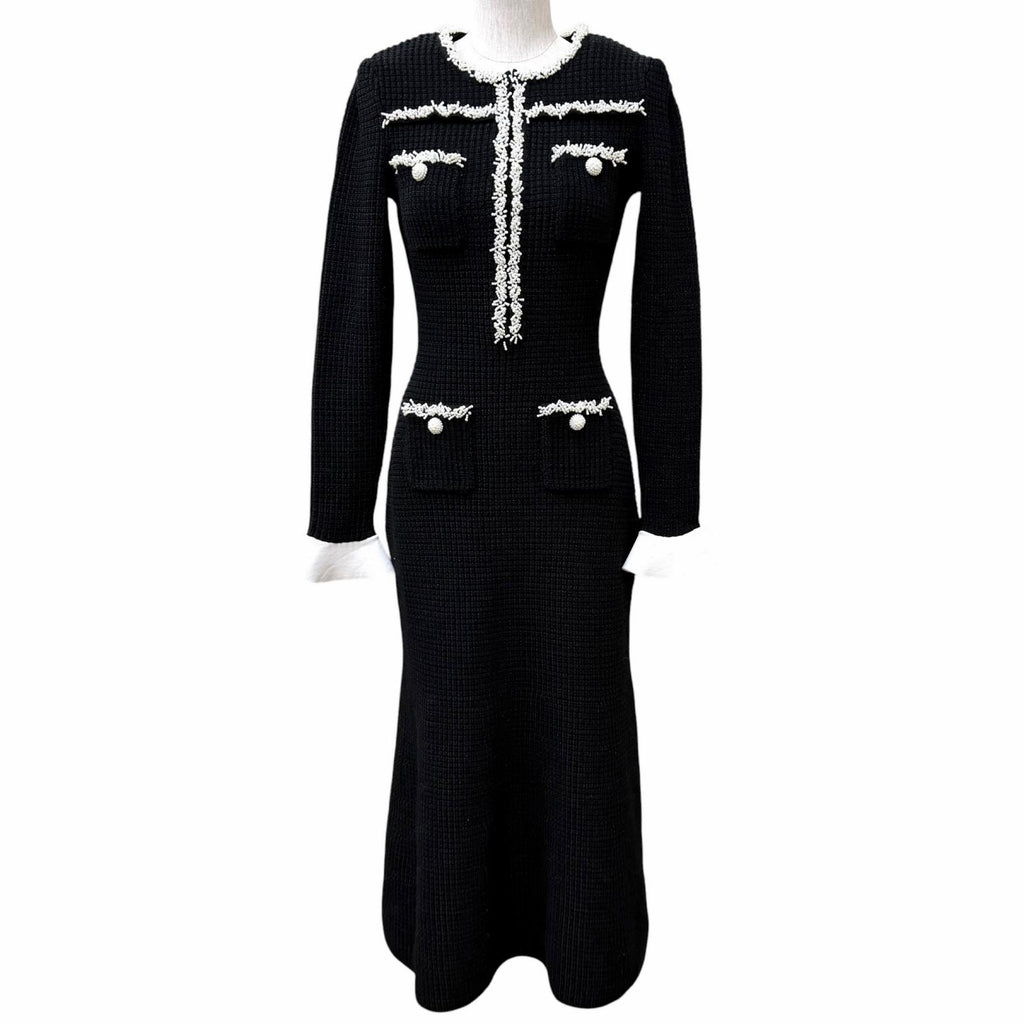 セルフ ポートレート パールトリム ワッフルニットドレス ワンピース ブラック S レディース
