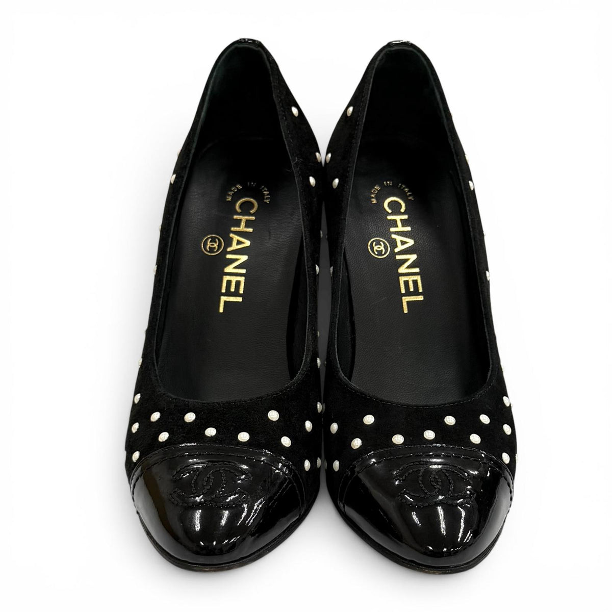 シャネル ココマーク フェイクパール装飾 パテント使い スウェードレザー パンプス ブラック 35 レディース
