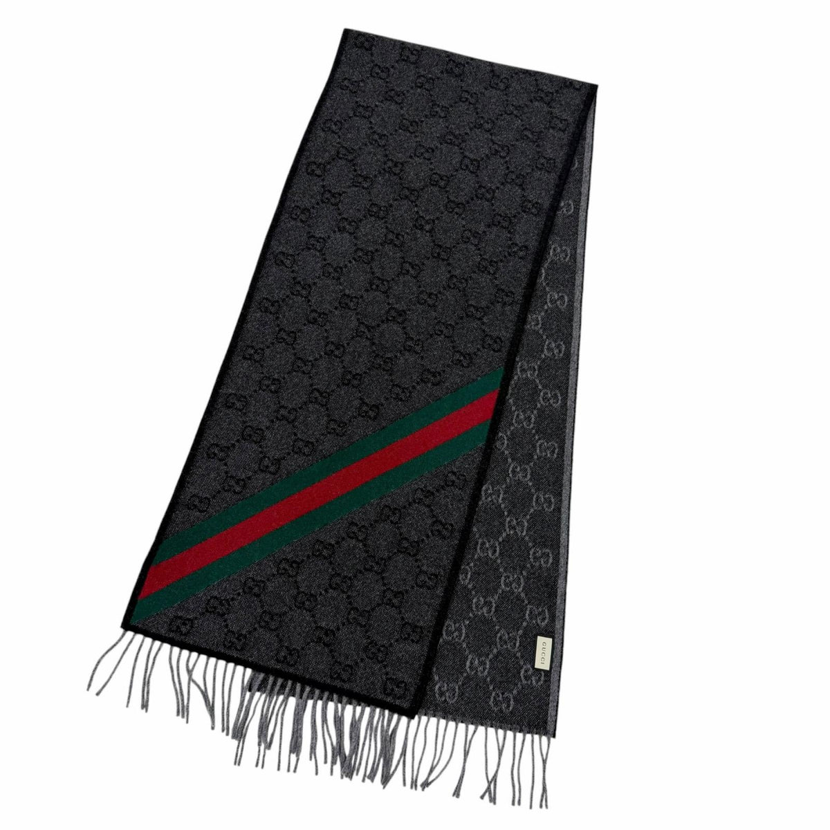 グッチ GGロゴ総柄 ウェブストライプ マフラー グレー 37×190cm メンズ