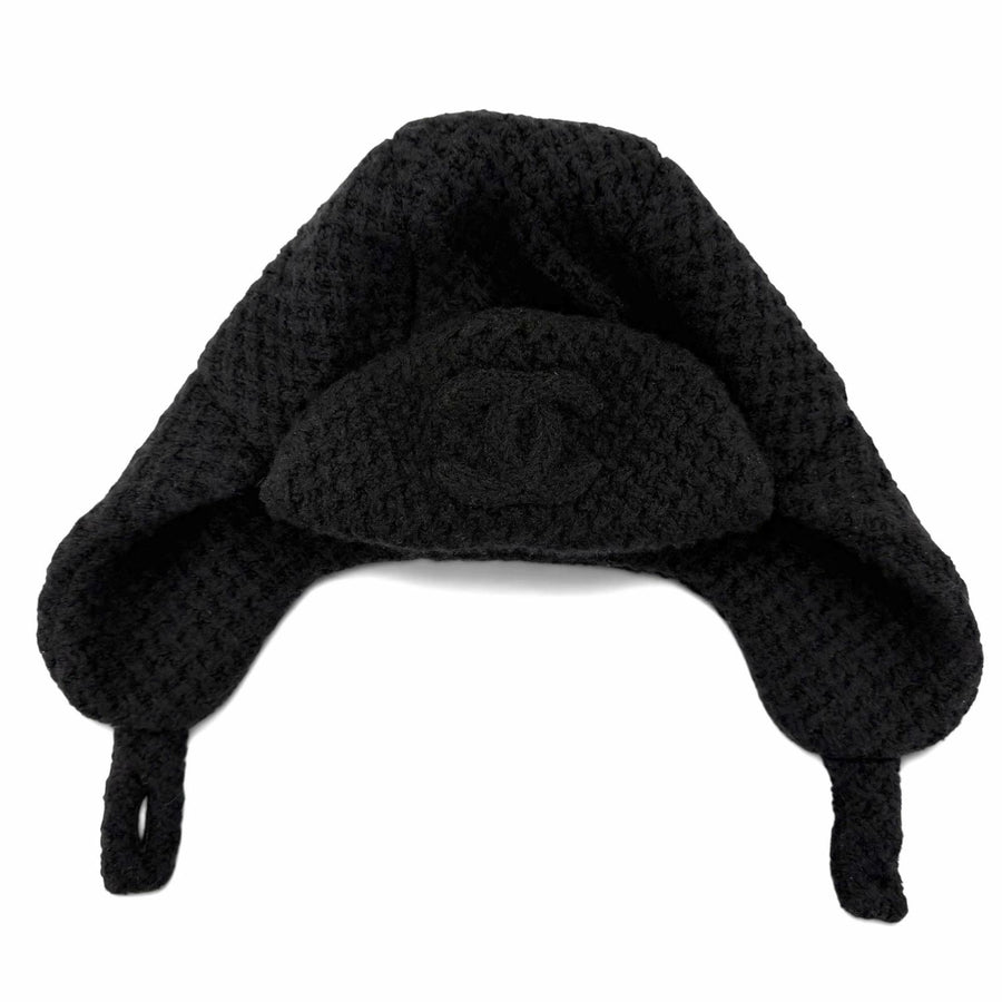 シャネル ココマーク CHAPKA HAT チャプカハット トラッパーハット フライトハット ニットキャップ ブラック レディース