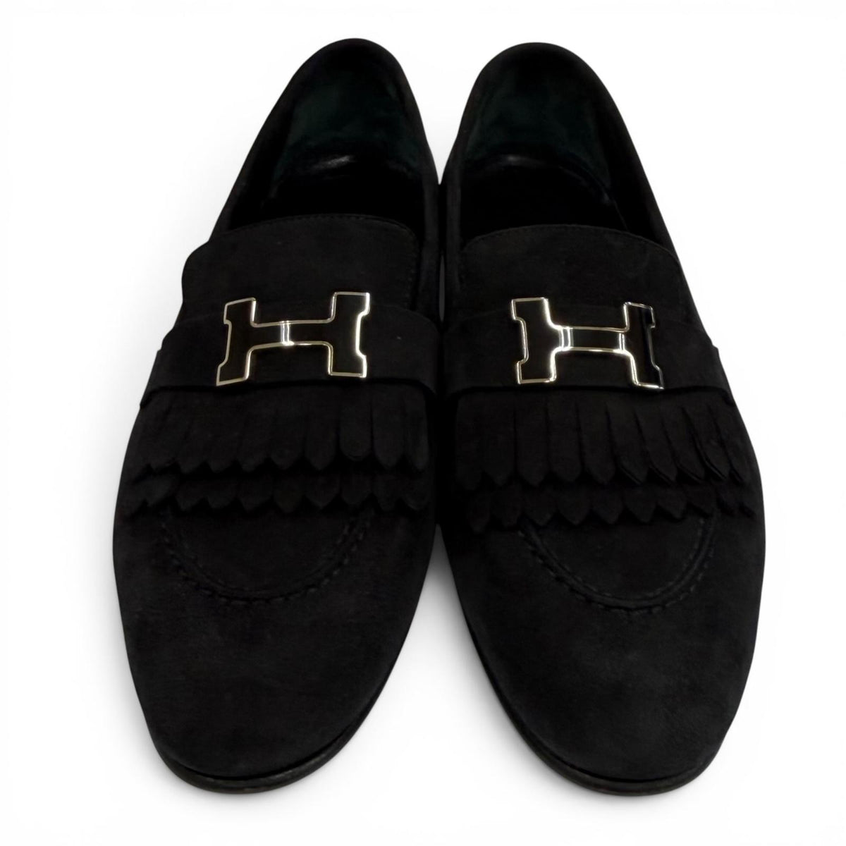 エルメス モカシン ロワイヤル ロゴプレート付 スウェードレザー ローファー ブラック 37.5 レディース