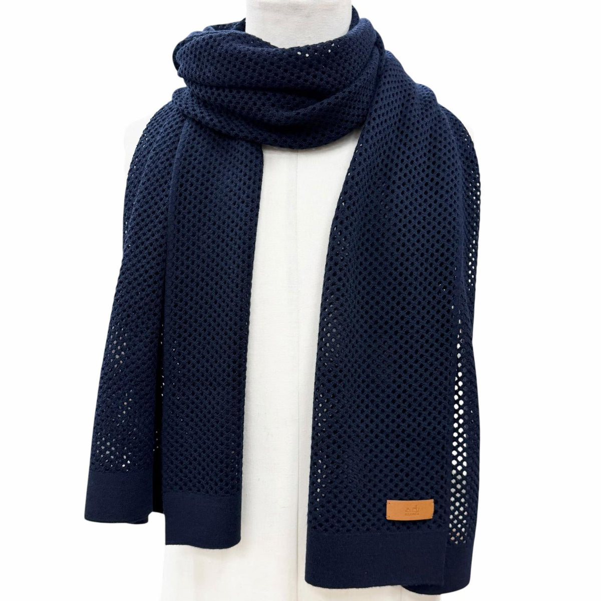 エルメス メッシュ レザーパッチ付き ニット 大判 ストール マフラー ネイビー メンズ