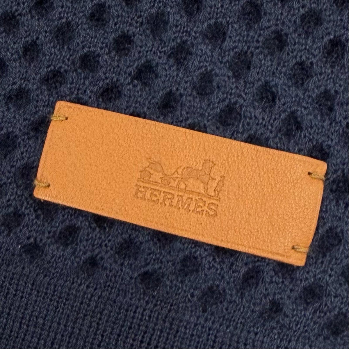 エルメス メッシュ レザーパッチ付き ニット 大判 ストール マフラー ネイビー メンズ