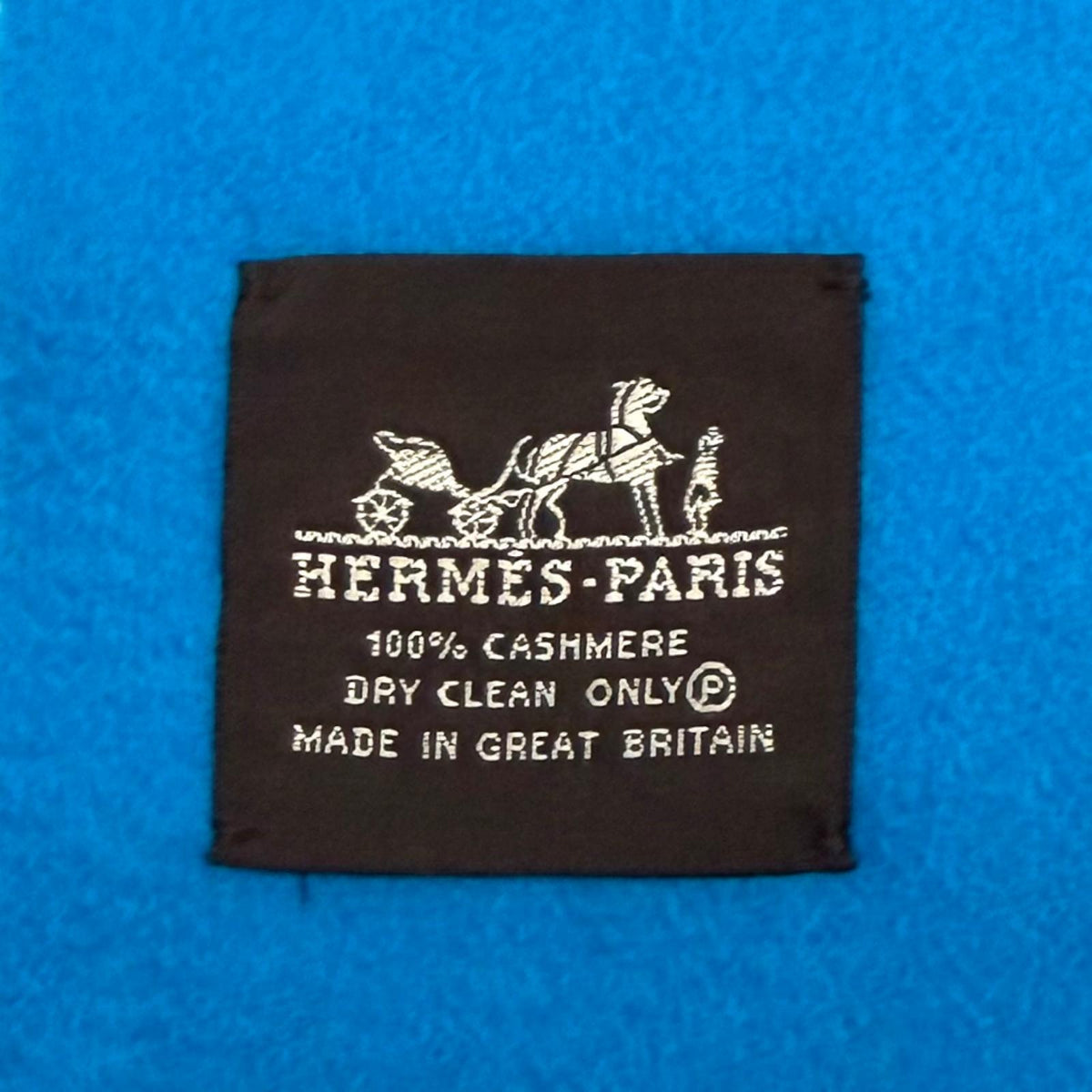 エルメス ロゴ刺繍入り フリンジ 大判 マフラー ショール ブルー レディース
