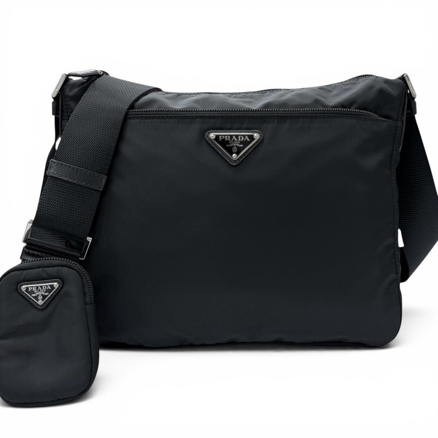 プラダ Re-Nylon トライアングルロゴ ポーチ付き ショルダーバッグ ブラック メンズ