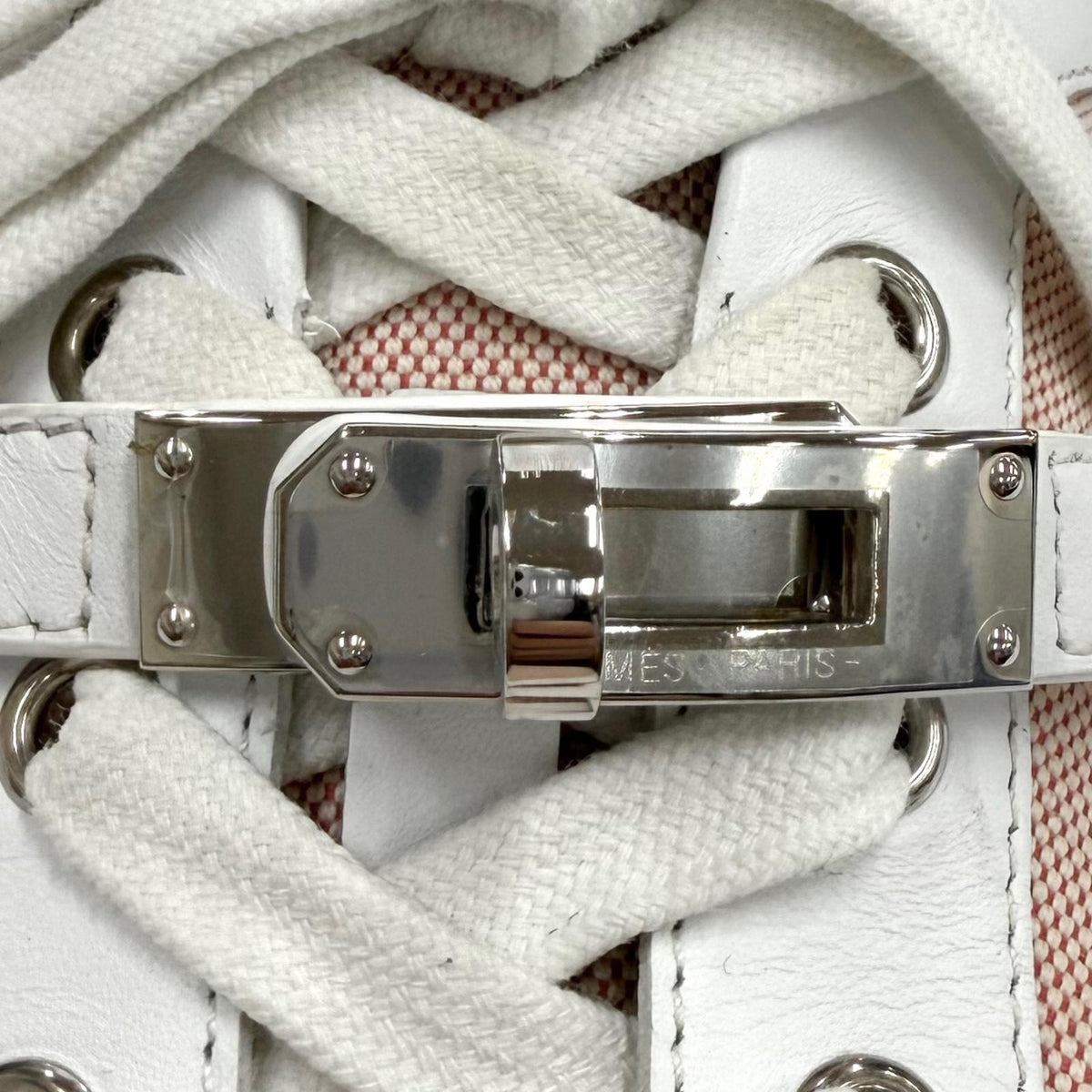 エルメス デイ ケリー金具 レザー使い レースアップ キャンバス スニーカー ピンク 37 レディース