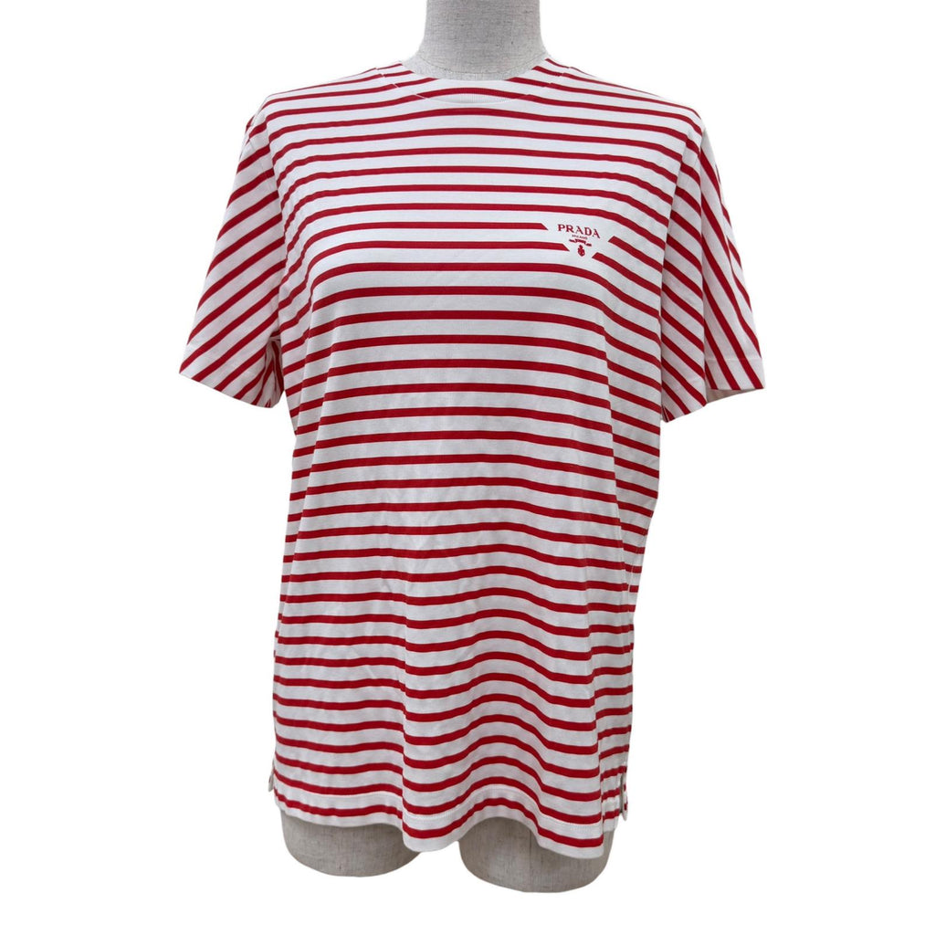 プラダ トライアングルロゴ ボーダー柄 半袖Ｔシャツ レッド S レディース 未使用品