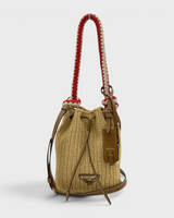 NEWSEDのPRADAラフィア製クロシェミニバケットバッグ。ブラウンのレザーと赤白の編み込みハンドルが特徴。