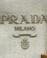 NEWSEDのPRADAジャルディニエールリネンブレンドミニハンドバッグ、ベージュのキャンバス地に刺繍ロゴ入り
