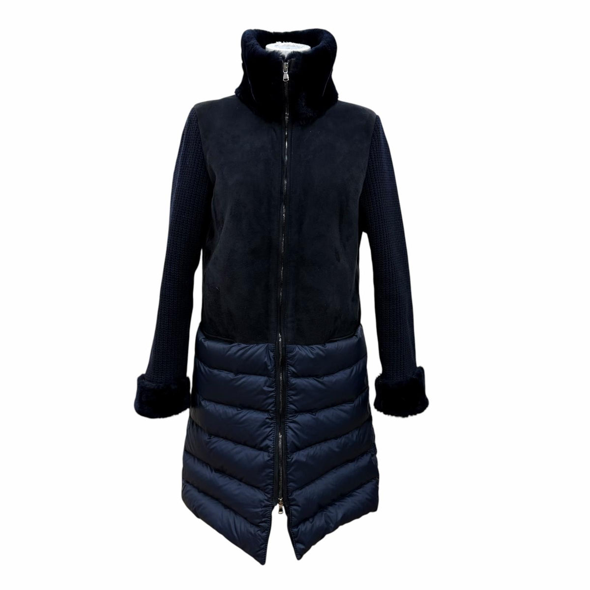 エンメティ ニット切替 ロング丈 ZIP UP ムートンコート ダウンコート ネイビー IT 40 レディース