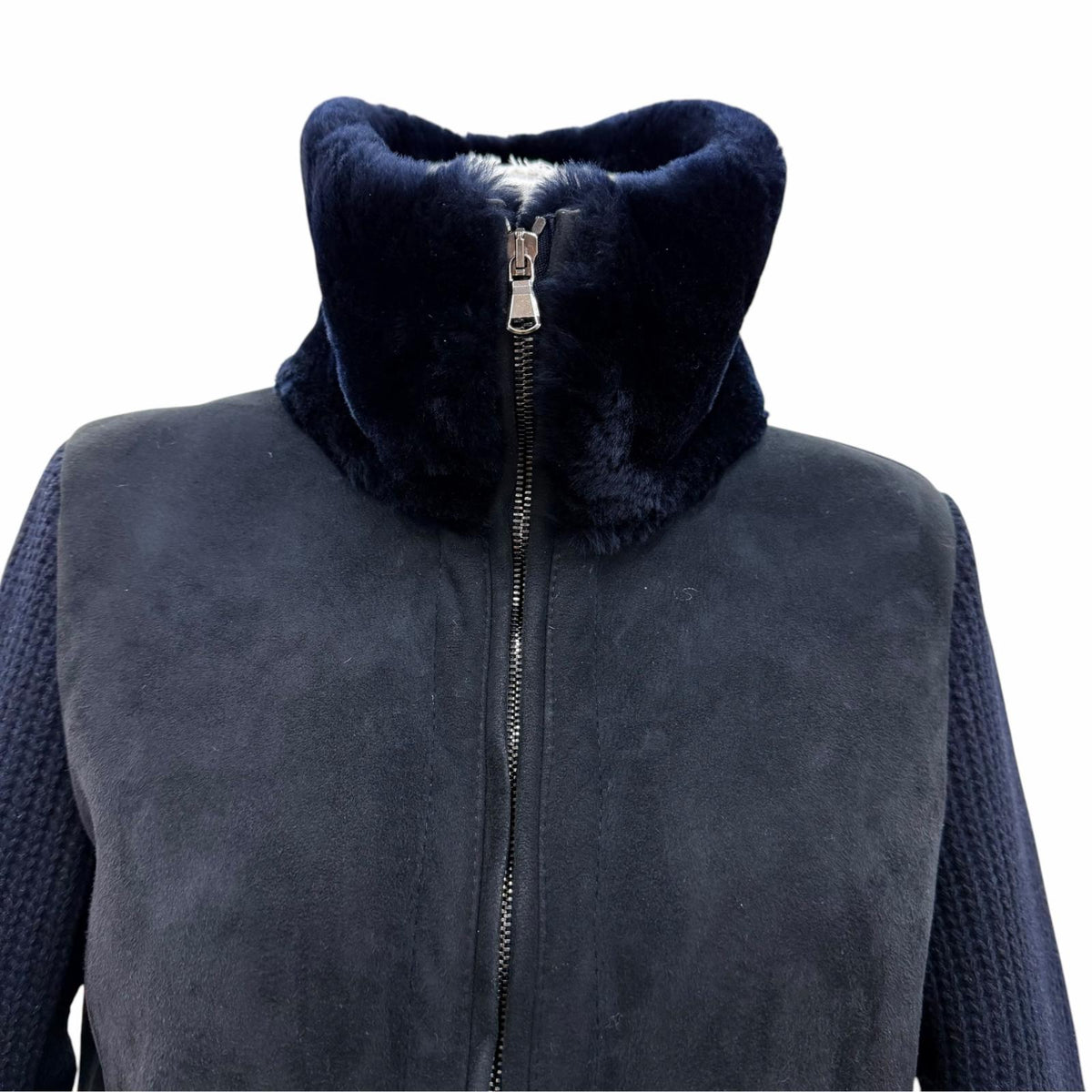 エンメティ ニット切替 ロング丈 ZIP UP ムートンコート ダウンコート ネイビー IT 40 レディース