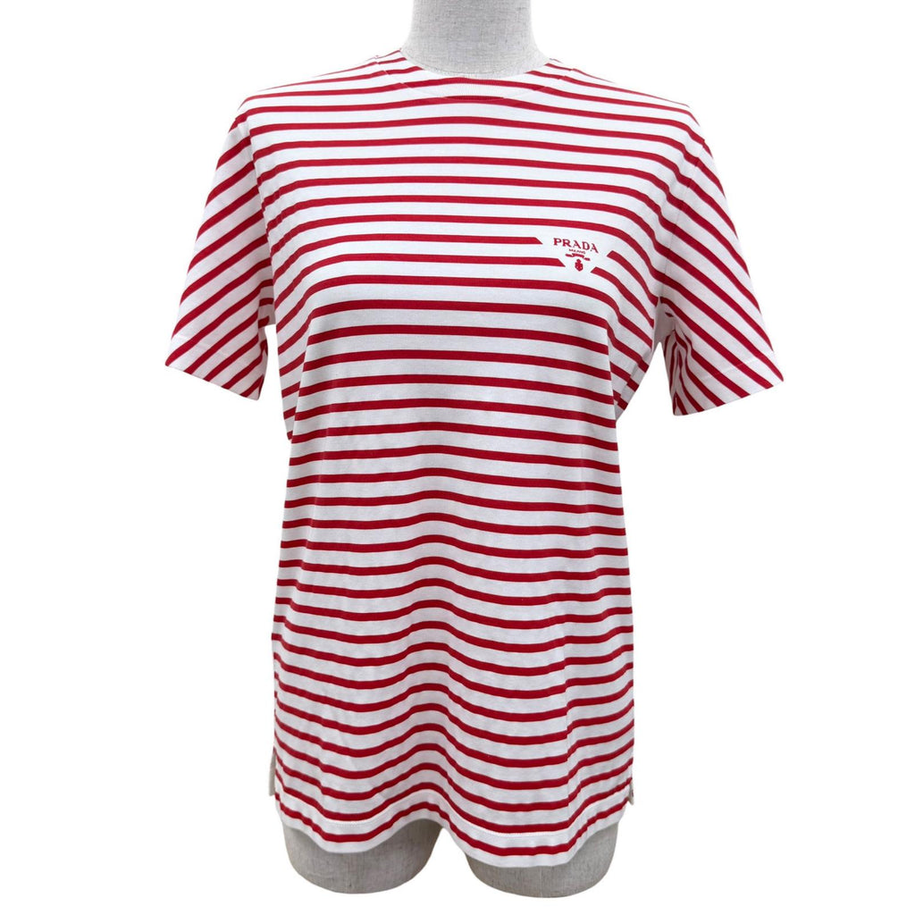 プラダ トライアングルロゴ ボーダー クルーネック 半袖Ｔシャツ レッド XS レディース 未使用品