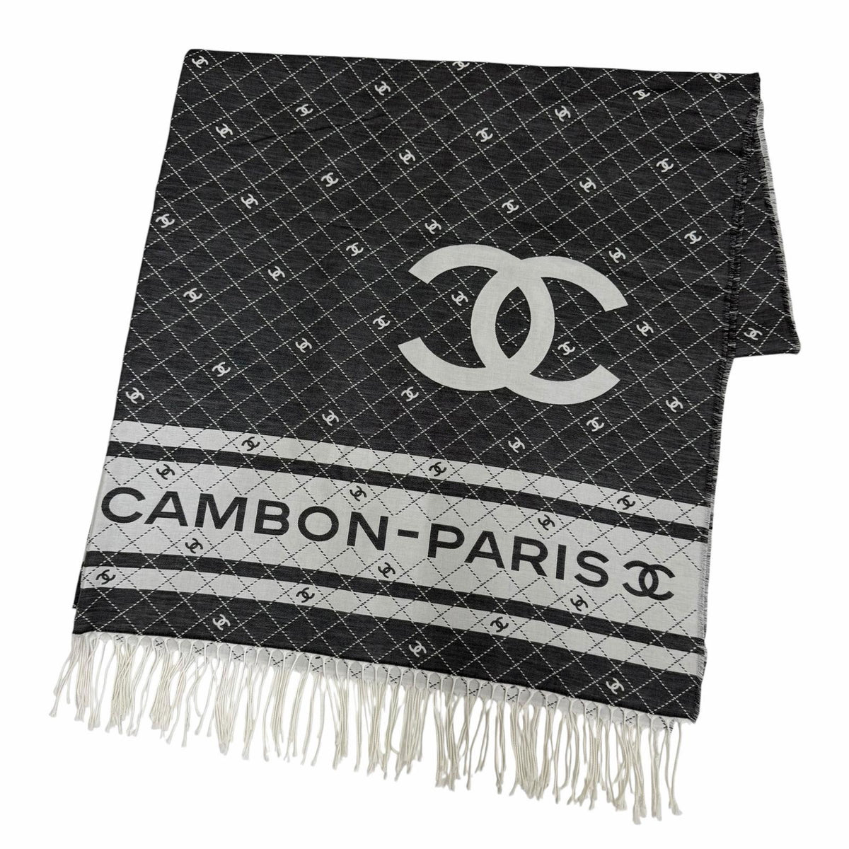 シャネル 31 RUE CAMBON ココマーク フリンジ付 大判 ストール ショール グレー レディース
