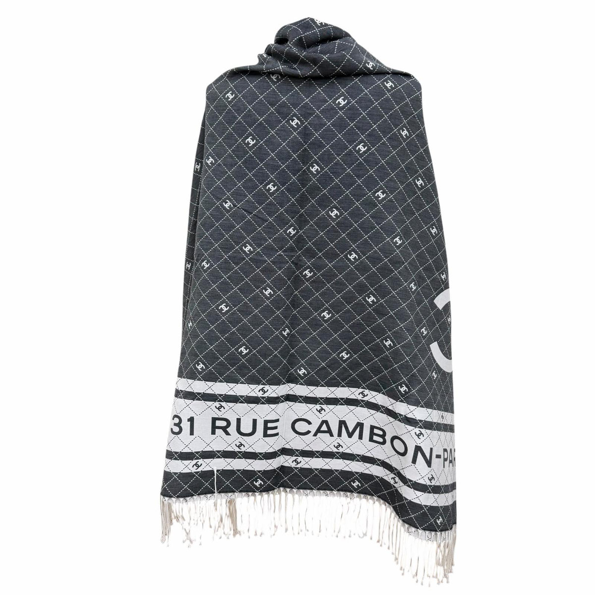 シャネル 31 RUE CAMBON ココマーク フリンジ付 大判 ストール ショール グレー レディース