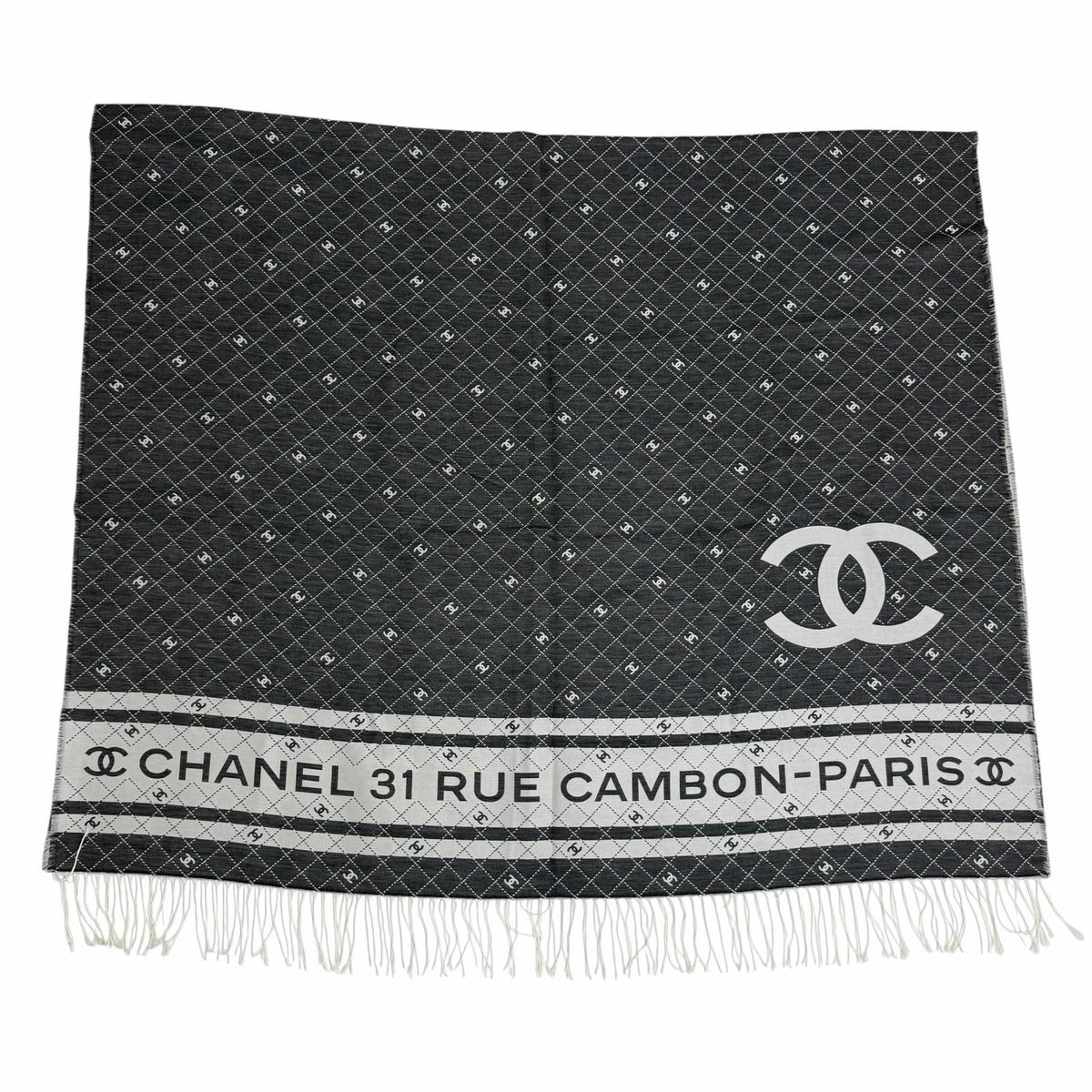 シャネル 31 RUE CAMBON ココマーク フリンジ付 大判 ストール ショール グレー レディース