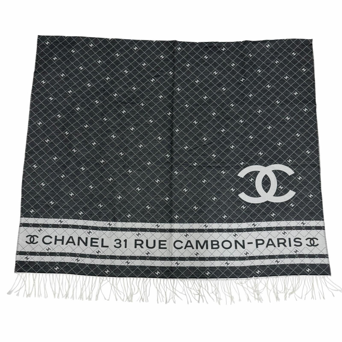 シャネル 31 RUE CAMBON ココマーク フリンジ付 大判 ストール ショール グレー レディース