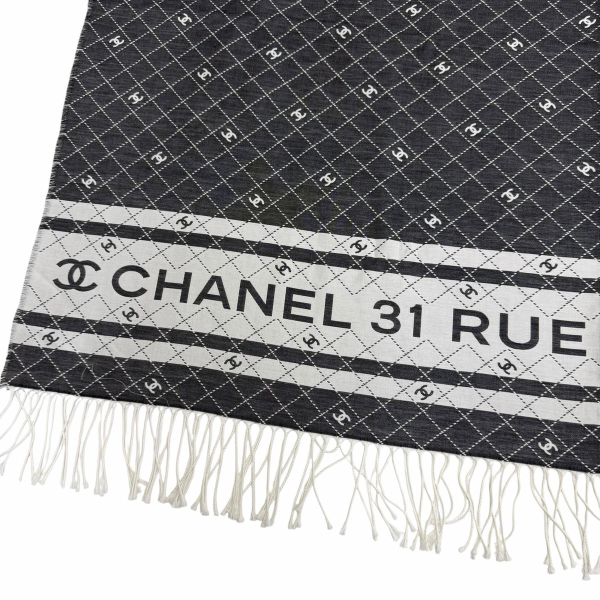 シャネル 31 RUE CAMBON ココマーク フリンジ付 大判 ストール ショール グレー レディース