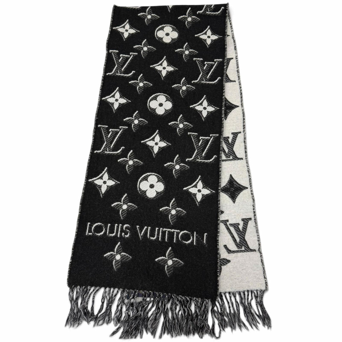 ルイヴィトン LV エセンシャル モノグラム シャイン フリンジ マフラー ブラック メンズ
