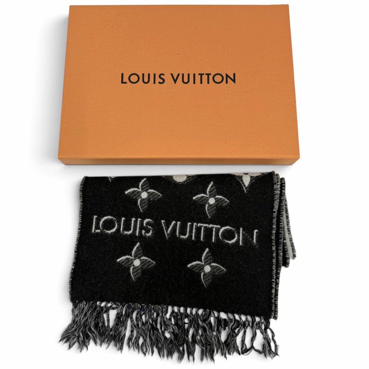 ルイヴィトン LV エセンシャル モノグラム シャイン フリンジ マフラー ブラック メンズ