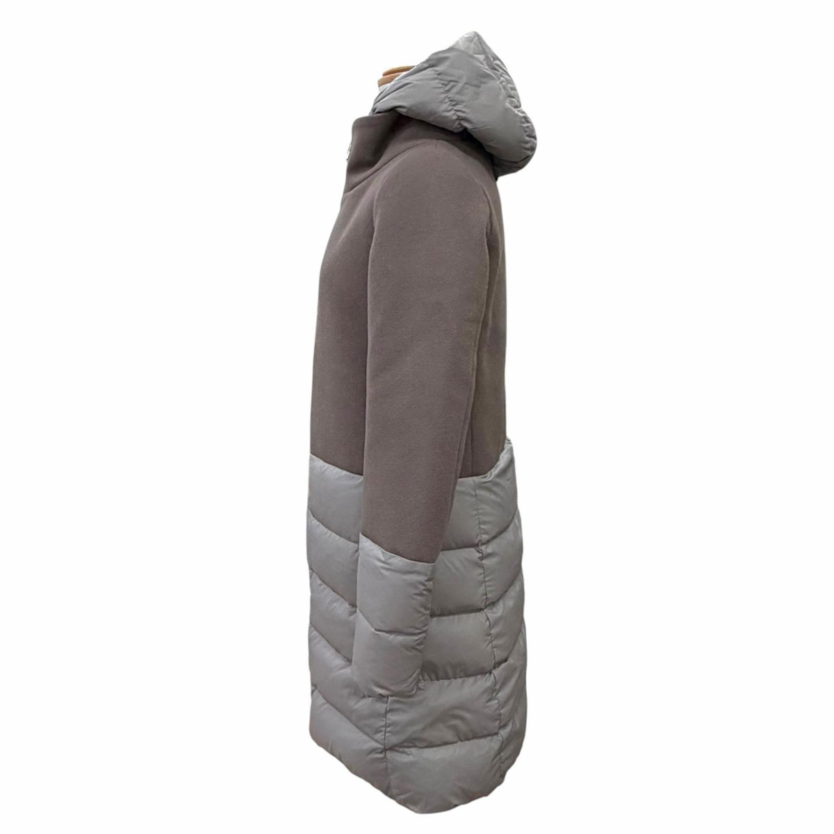ヘルノ DIAGONAL WOOL AND NUAGE PARKA ロゴプレート ウール切替 フード付き ダウンコート ブラウン系 IT 38 レディース