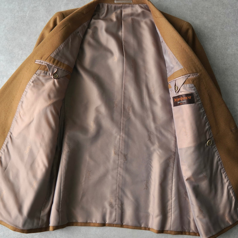イヴ サンローラン ヴィンテージ YSLロゴ ボタン ウール ダブル テーラードジャケット キャメル メンズ