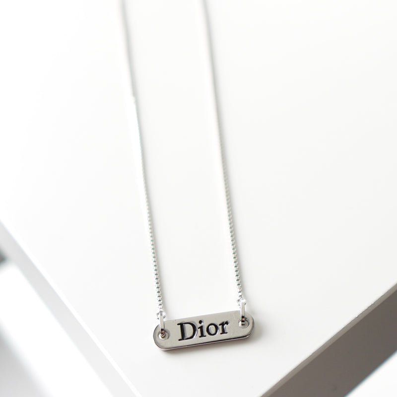 Dior Logo Plate Motif Silver Necklace