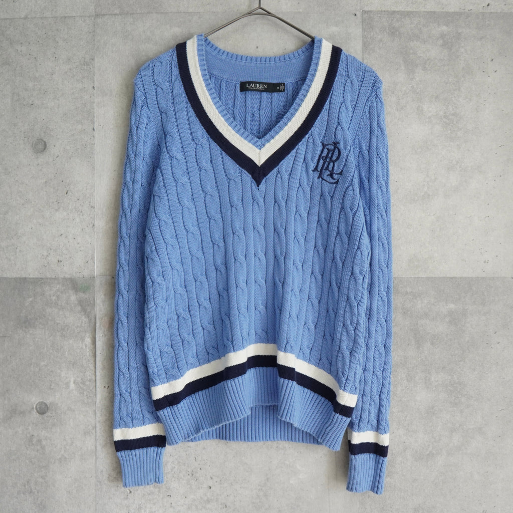 ローレン ラルフローレン ロゴ Vネック ケーブル編み チルデンニット ライトブルー レディース