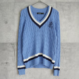 ローレン ラルフローレン ロゴ Vネック ケーブル編み チルデンニット ライトブルー レディース