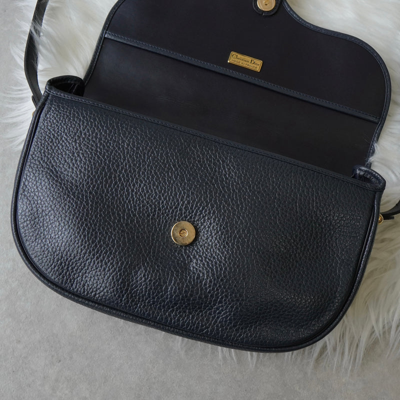 Christian Dior CD logo gold hardware leather shoulder bag navy