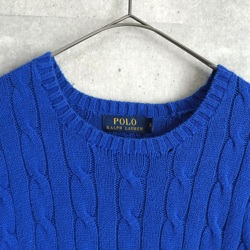 ポロ ラルフローレン スモールポニーロゴ ケーブル編み ニット ブルー
