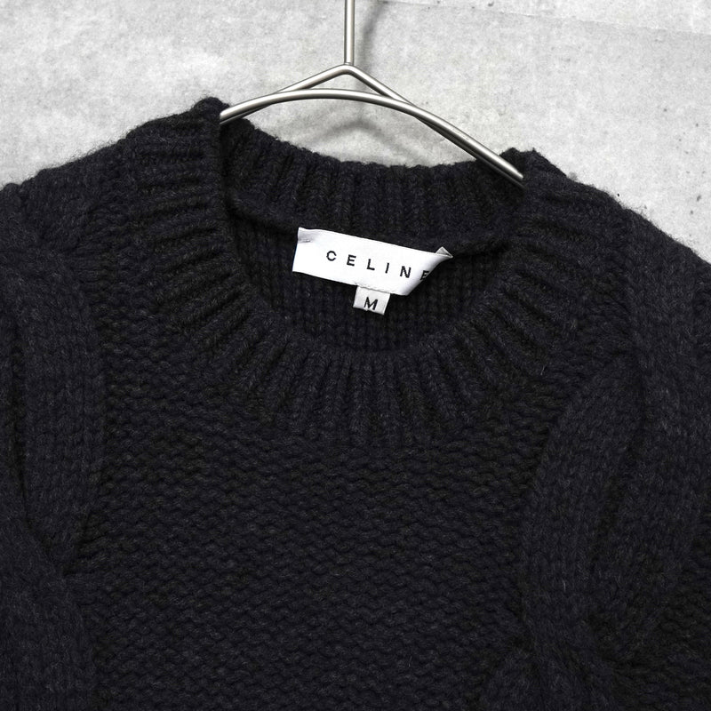 セリーヌ ヴィンテージ カシミア ケーブル ニット レディース チャコールグレー レザー ウエストベルト付き