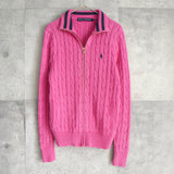 ポロ ラルフローレン スモールポニーロゴ ケーブル編み フルジップ ニット ピンク レディース