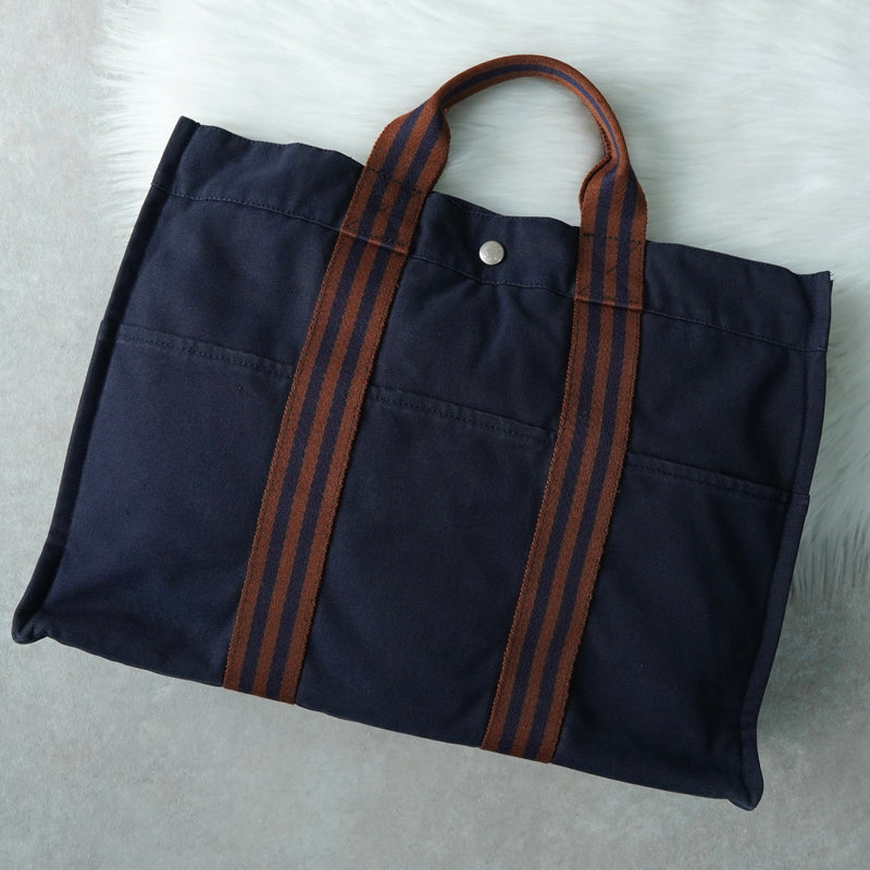 エルメス フールトゥMM キャンバス ハンドバッグ ネイビー / ブラウン