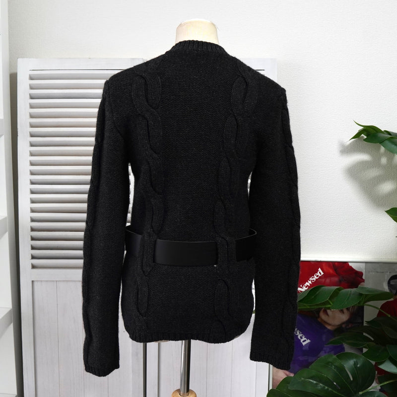 セリーヌ ヴィンテージ カシミア ケーブル ニット レディース チャコールグレー レザー ウエストベルト付き