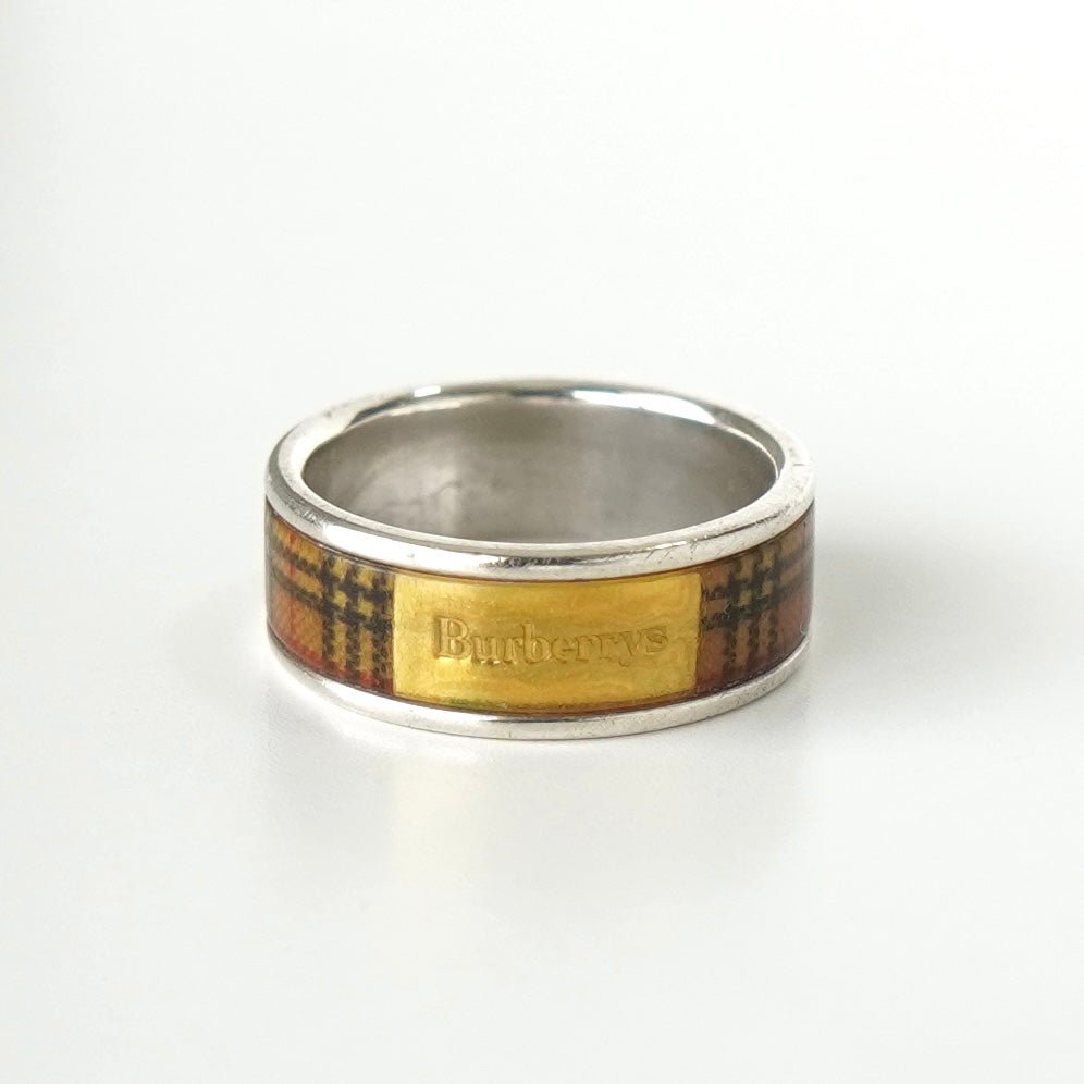 Burberry Logo Nova Check Ring, Silver/Beige, Size 11
