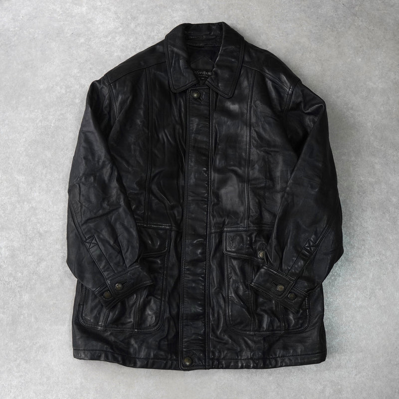 イヴ サンローラン ヴィンテージ エンボス YSLロゴ レザージャケット レザーブルゾン ブラック