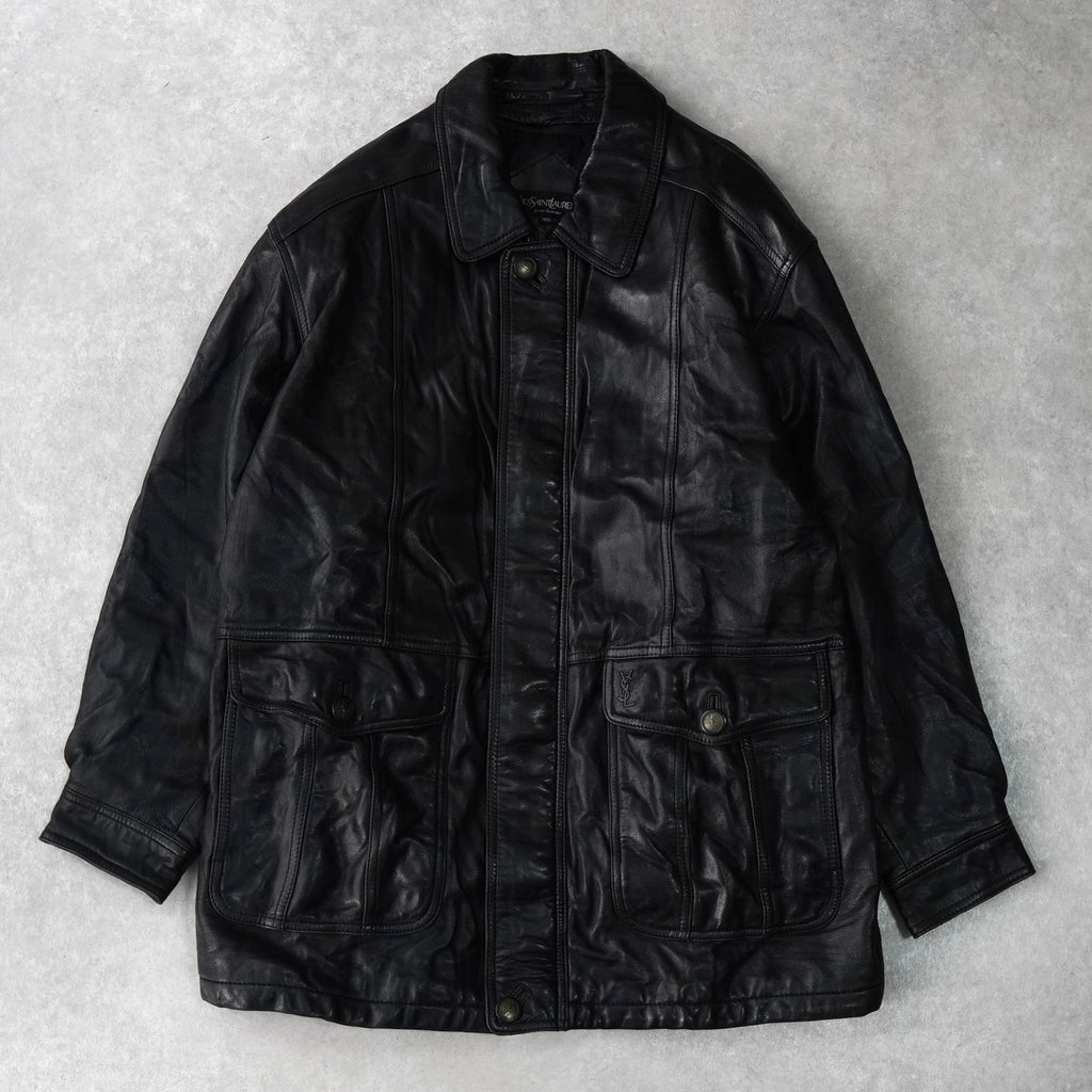 イヴ サンローラン ヴィンテージ エンボス YSLロゴ レザージャケット レザーブルゾン ブラック