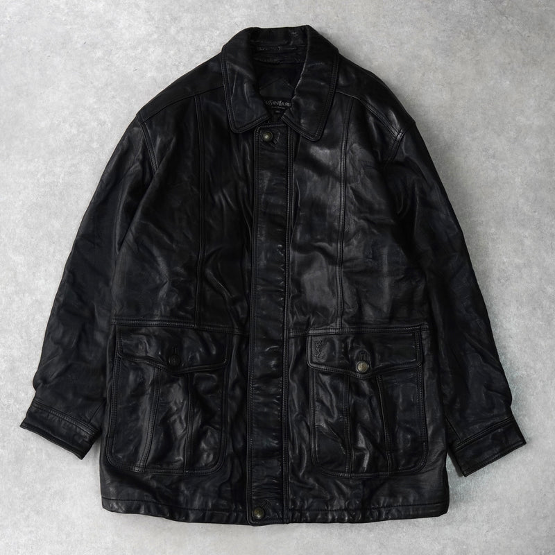 イヴ サンローラン ヴィンテージ エンボス YSLロゴ レザージャケット レザーブルゾン ブラック