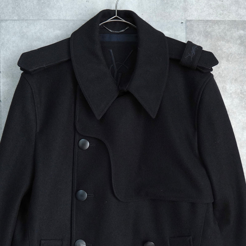 イヴ サンローラン ヴィンテージ YSLロゴ ウール Pコート ブラック