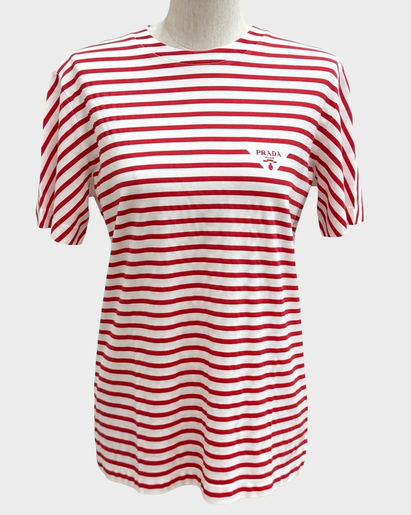プラダ トライアングルロゴ ボーダー クルーネック 半袖Ｔシャツ レッド S レディース 未使用品