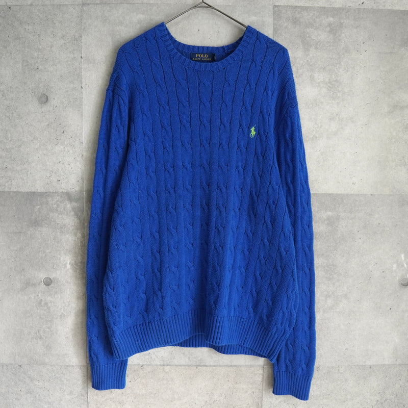 ポロ ラルフローレン スモールポニーロゴ ケーブル編み ニット ブルー