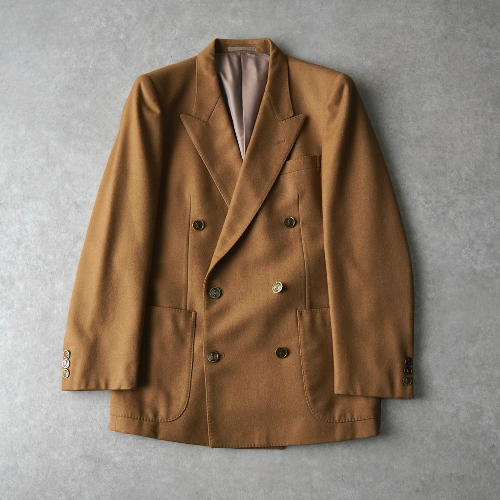イヴ サンローラン ヴィンテージ YSLロゴ ボタン ウール ダブル テーラードジャケット キャメル メンズ