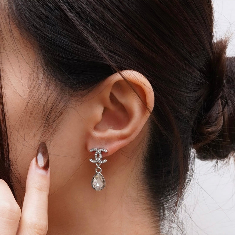 シャネル ココマーク ラインストーン スイング ティアドロップ ストーン ピアス シルバー